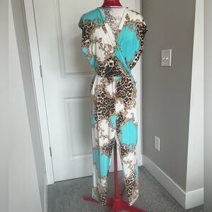 Mango Turquoise, White & Leopard Print Jumpsuit